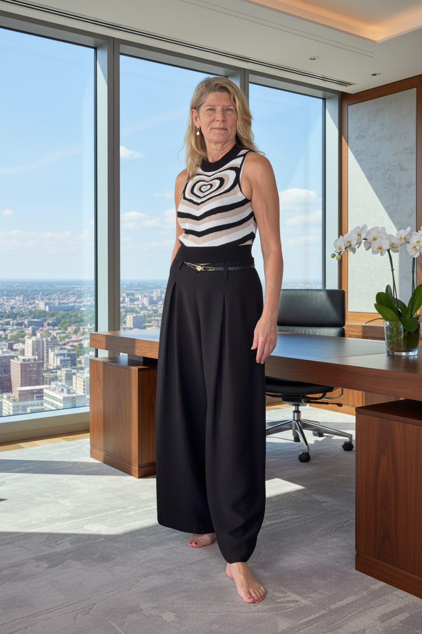 A woman stands barefoot in a modern office with large windows overlooking a city skyline. She is wearing a sleeveless black and white striped top with a spiral pattern and high-waisted black wide-leg pants.