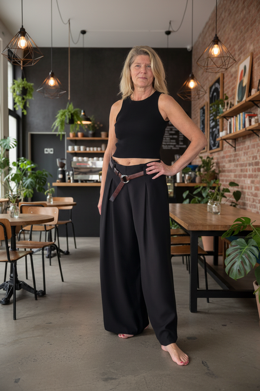 A woman stands barefoot in a cafe setting, wearing a black sleeveless crop top and black wide-leg trousers with a brown belt.