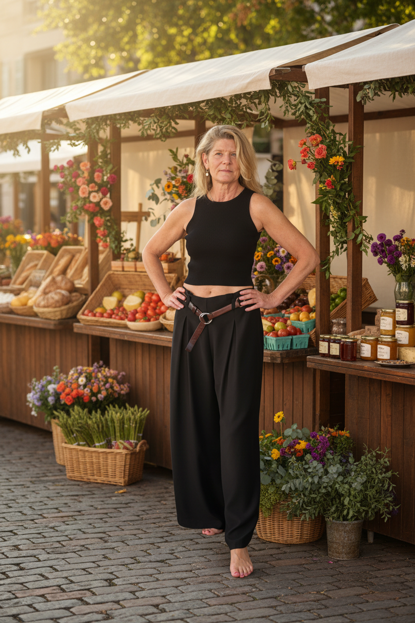 A woman stands barefoot in front of a rustic outdoor market stall, wearing a black sleeveless crop top and black wide-leg pants with a brown belt.