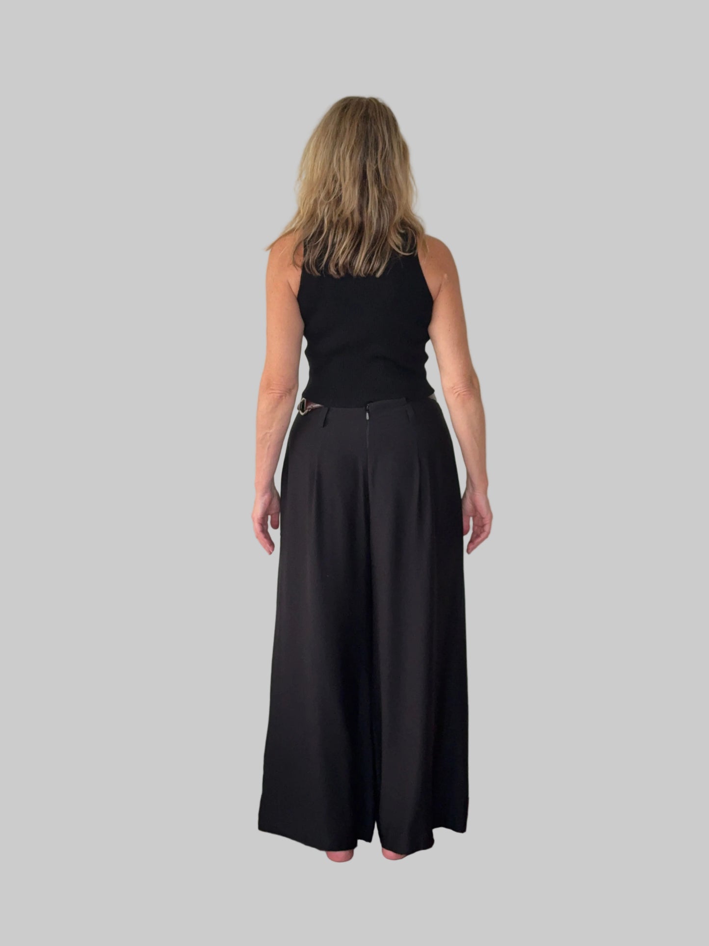 Black flowy wide leg pants women - back view - pleated detail - with black knit tank top - Cheeky Goddess Australia