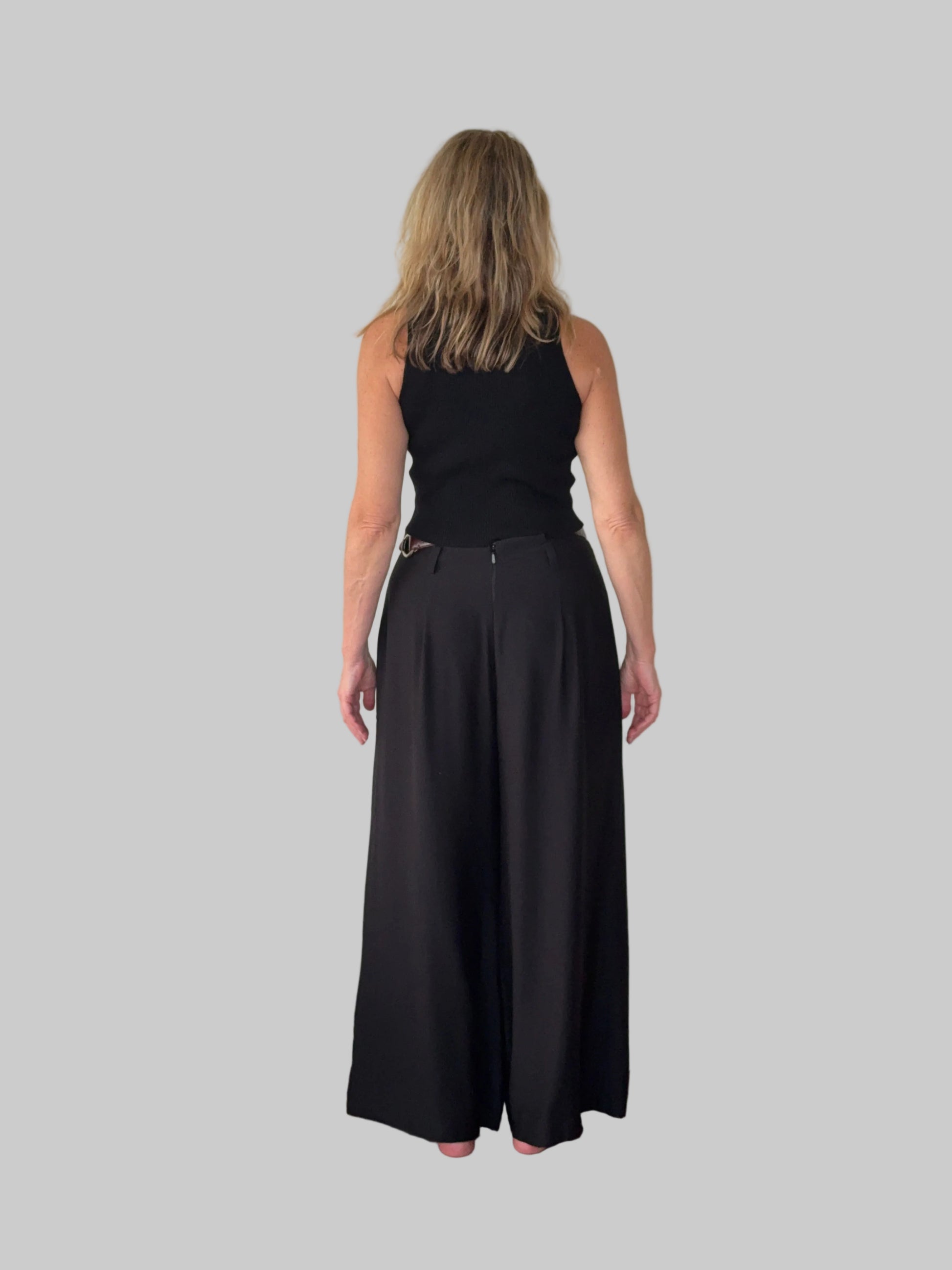 Black flowy wide leg pants women - back view - pleated detail - with black knit tank top - Cheeky Goddess Australia