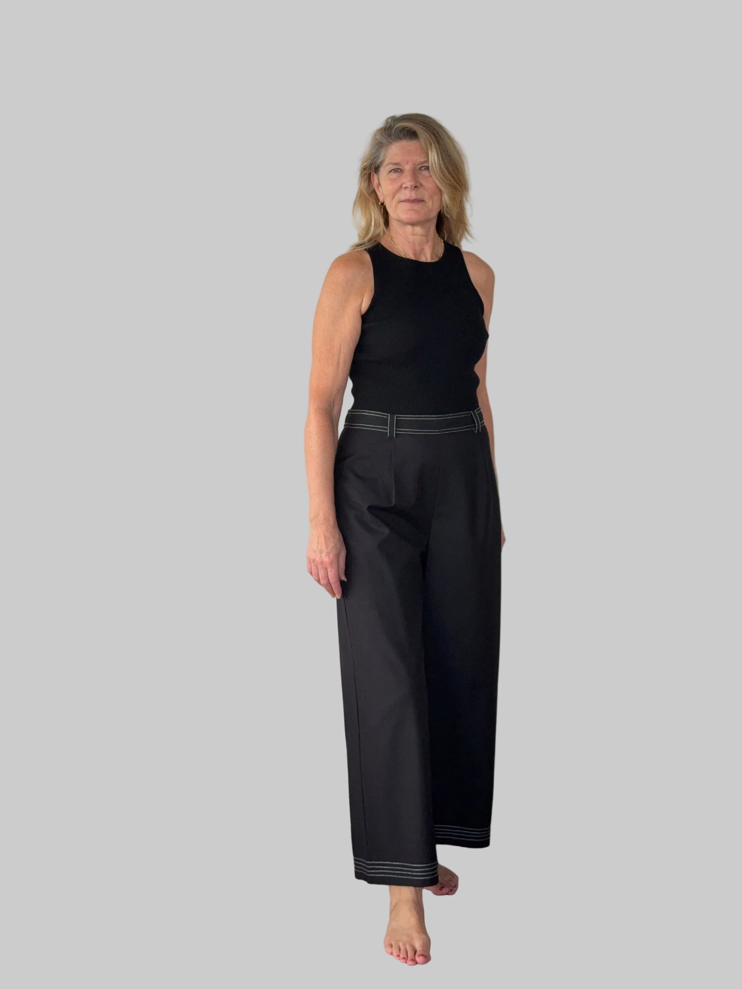 Black wide leg pants with contrast white stitching women Australia - front view - with belt and black knit tank - Vida size 14 - Cheeky Goddess