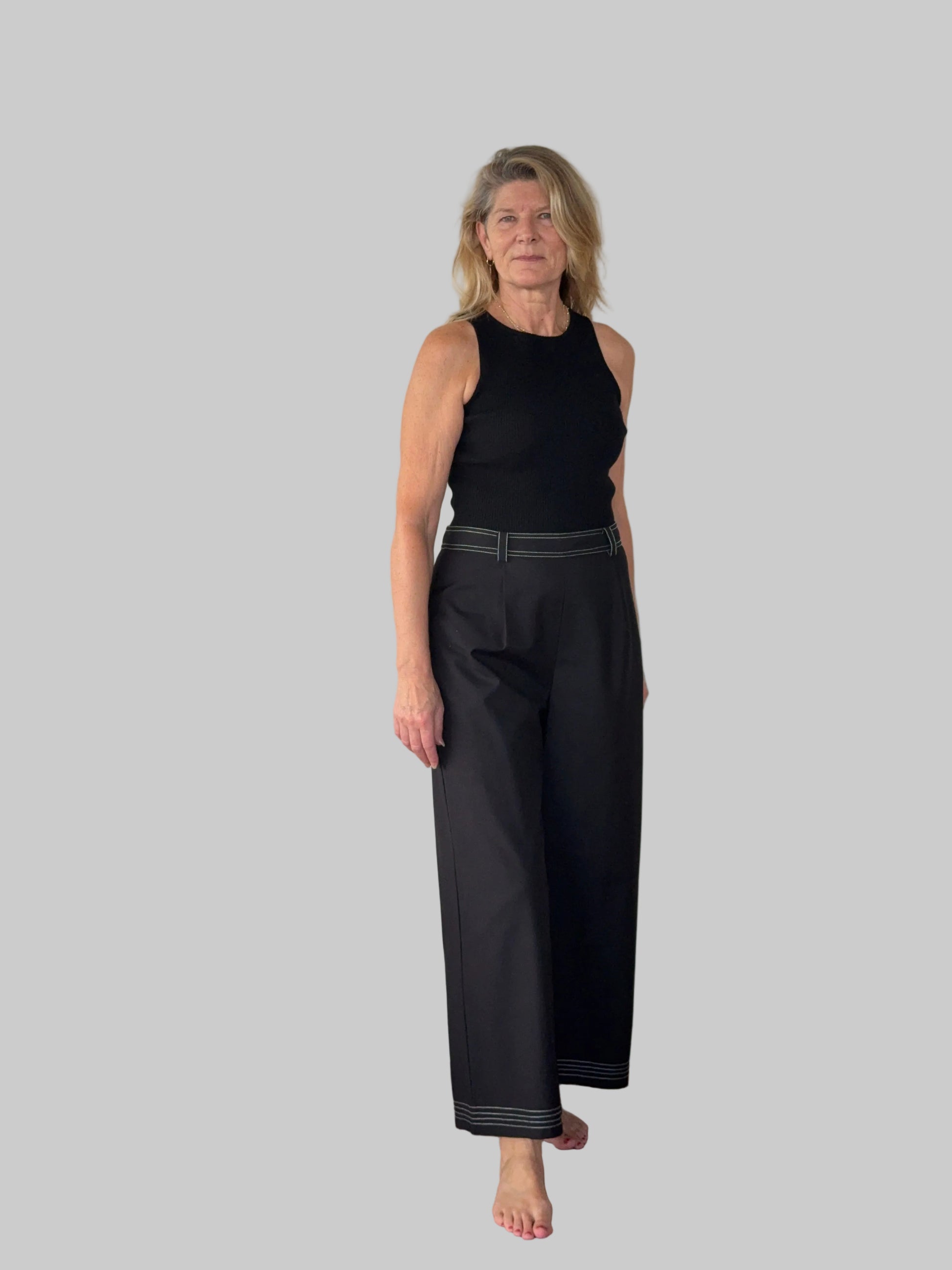 Black wide leg pants with contrast white stitching women Australia - front view - with belt and black knit tank - Vida size 14 - Cheeky Goddess