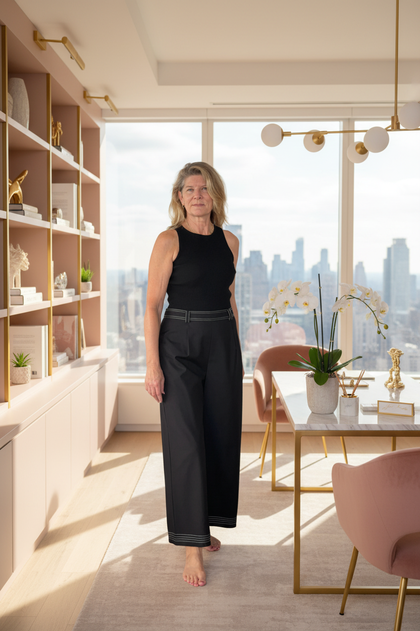 A woman stands barefoot in a modern, sunlit room with a city skyline visible through large windows. She is wearing a sleeveless black top and black wide-leg trousers with a thin gray belt.
