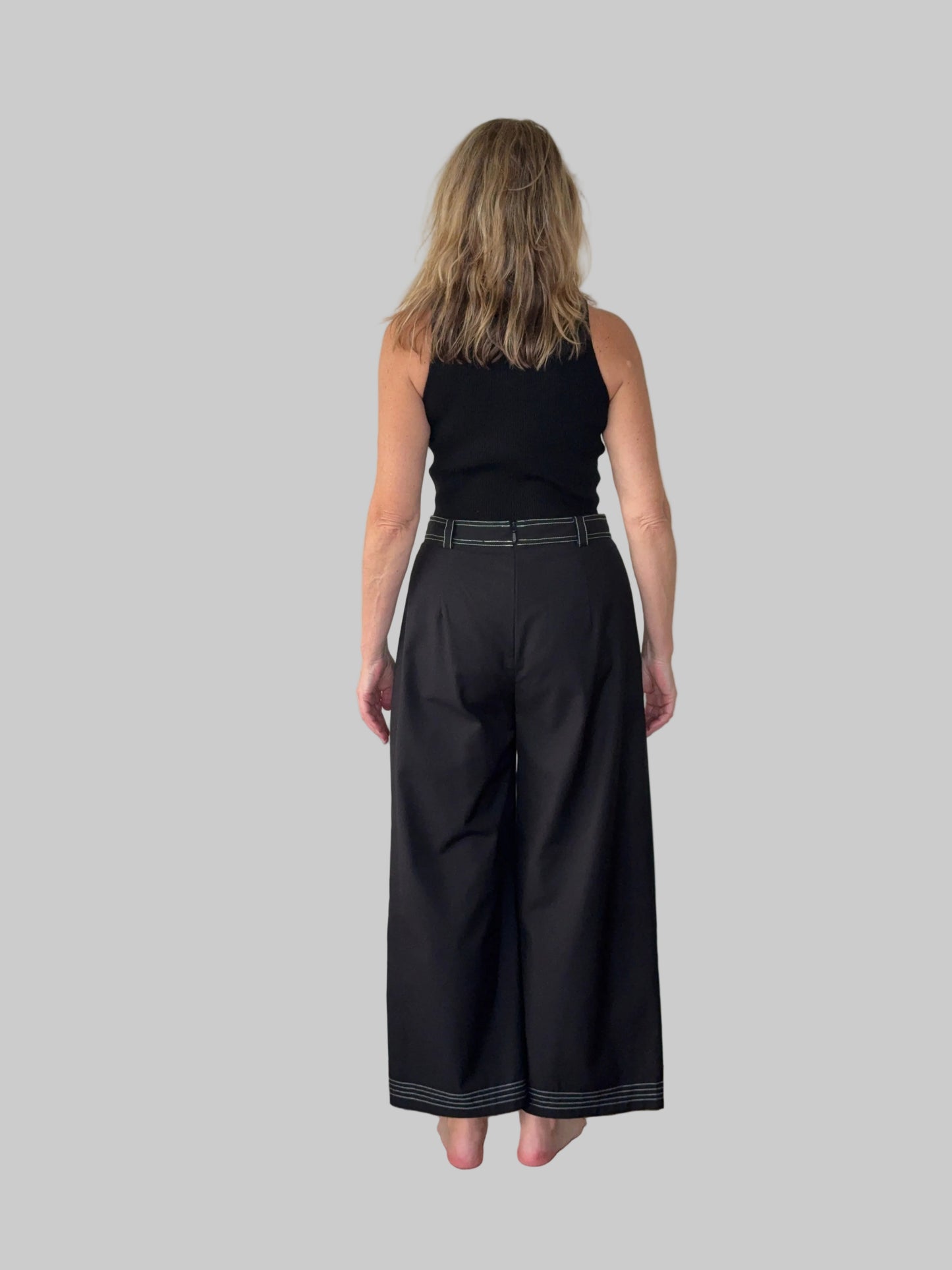 Black wide leg pants with contrast white stitching women Australia - back view - with belt and black knit tank - Vida size 14 - Cheeky Goddess