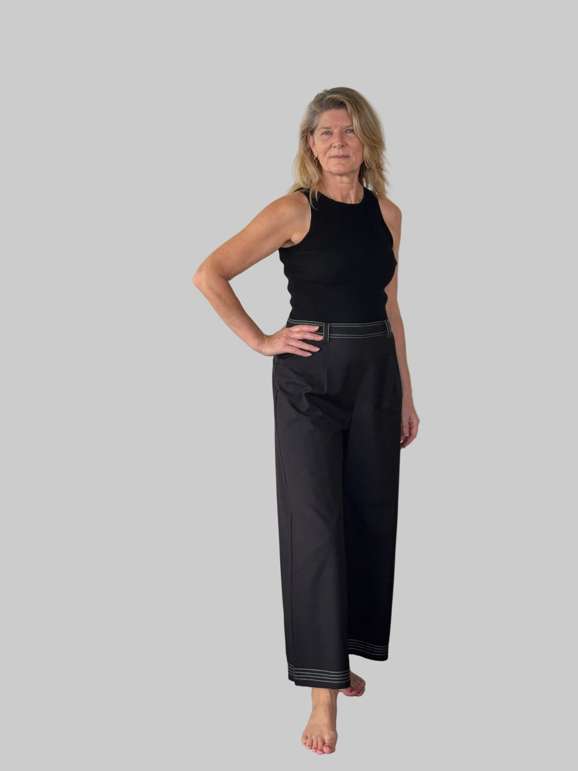 Black wide leg pants with contrast white stitching women Australia - side view - with belt and black knit tank - Vida size 14 - Cheeky Goddess