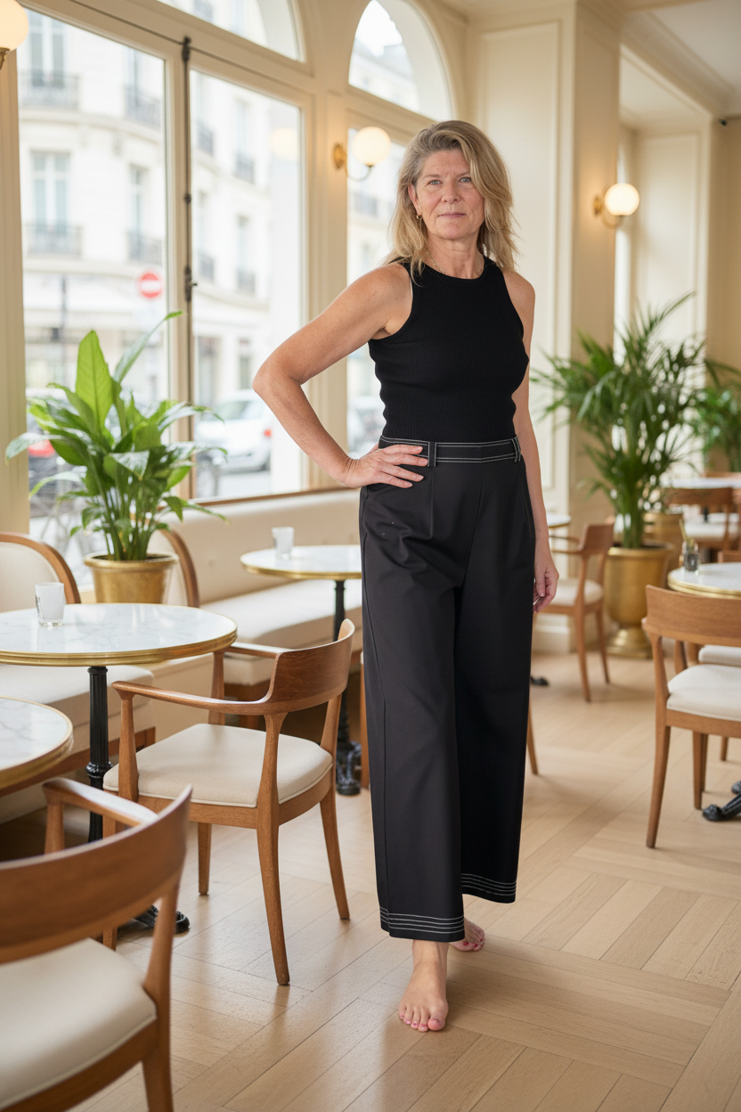 A woman stands barefoot in a bright cafe interior wearing a sleeveless black top and black wide-leg trousers with dark trim at the cuffs.