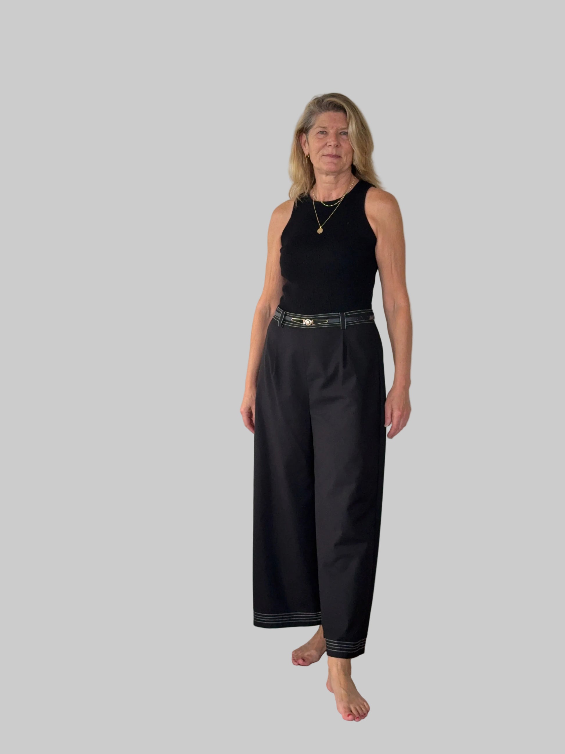 Black wide leg pants with contrast white stitching women Australia - front view - with belt and black knit tank - Vida size 14 - Cheeky Goddess