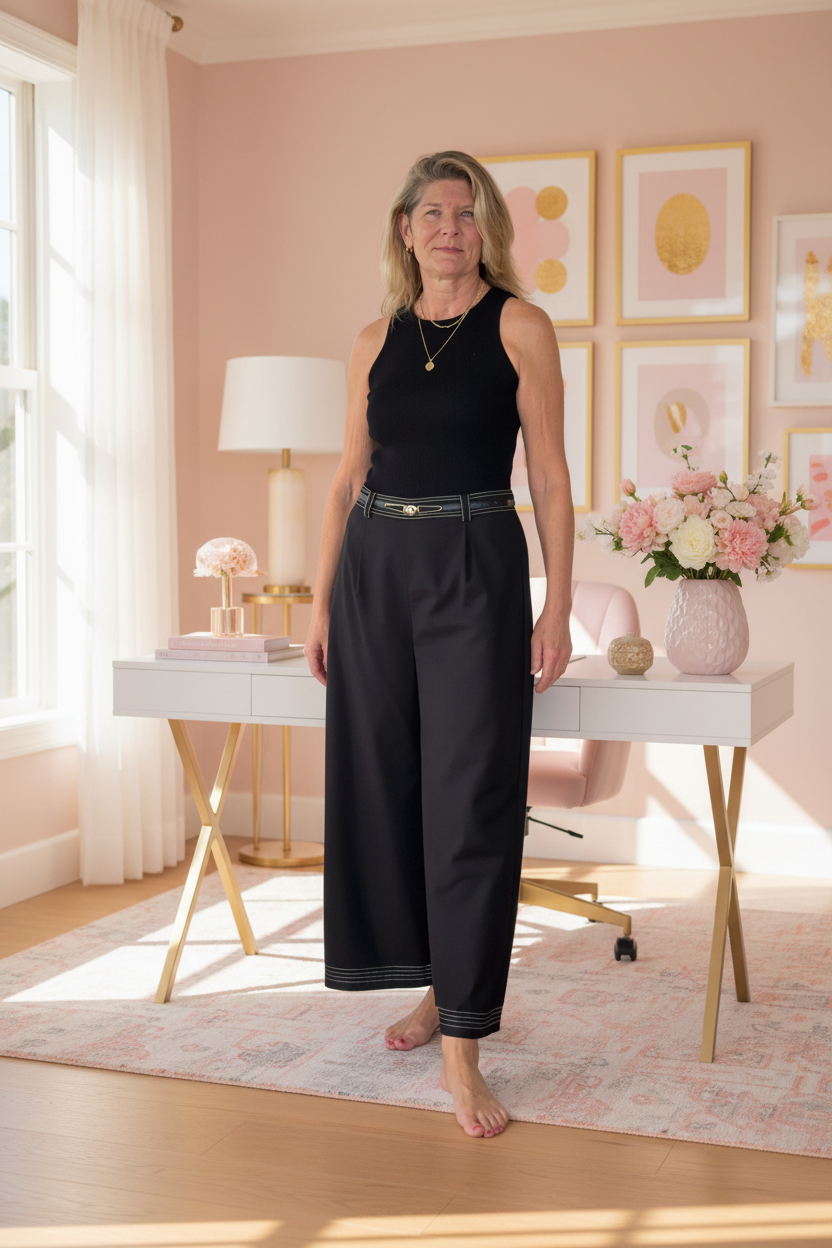 A woman stands barefoot in a bright, modern home office wearing a sleeveless black top and black wide-leg trousers with a thin gold belt. The room features a pink wall, framed art, a white desk with gold legs, and a vase of pink flowers.