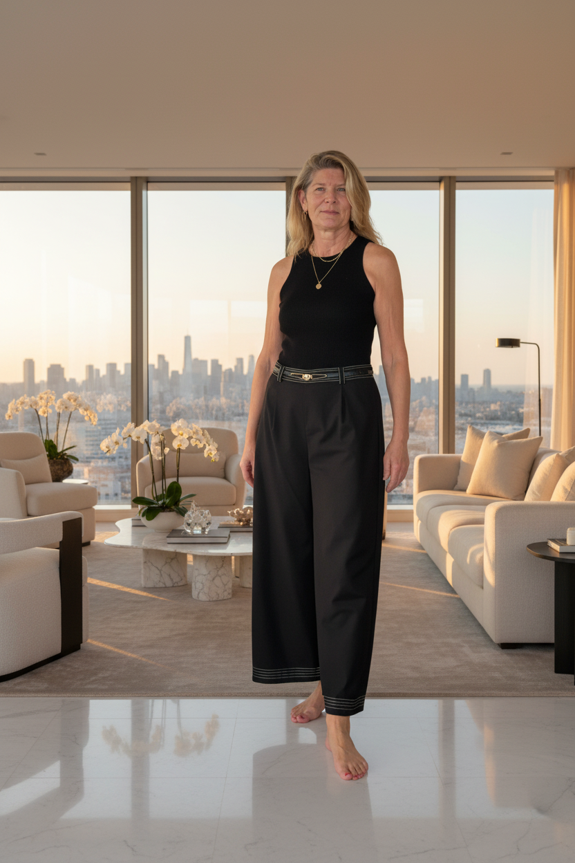 A woman stands barefoot in a modern living room with large windows overlooking a city skyline. She is wearing a black sleeveless top and black wide-leg pants with a thin metallic belt.