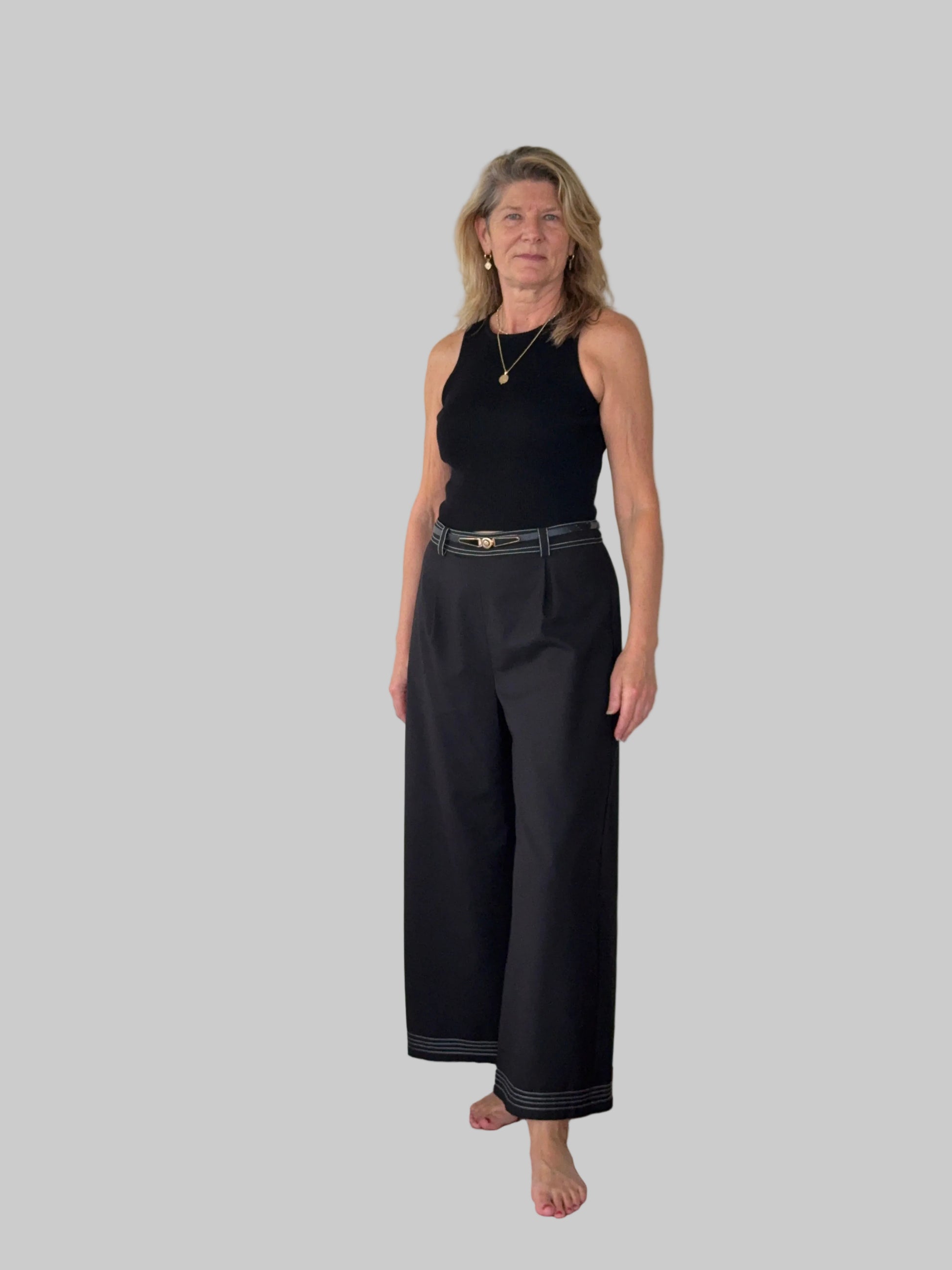 Black wide leg pants with contrast white stitching women Australia - front view - with belt and black knit tank - Vida size 14 - Cheeky Goddess