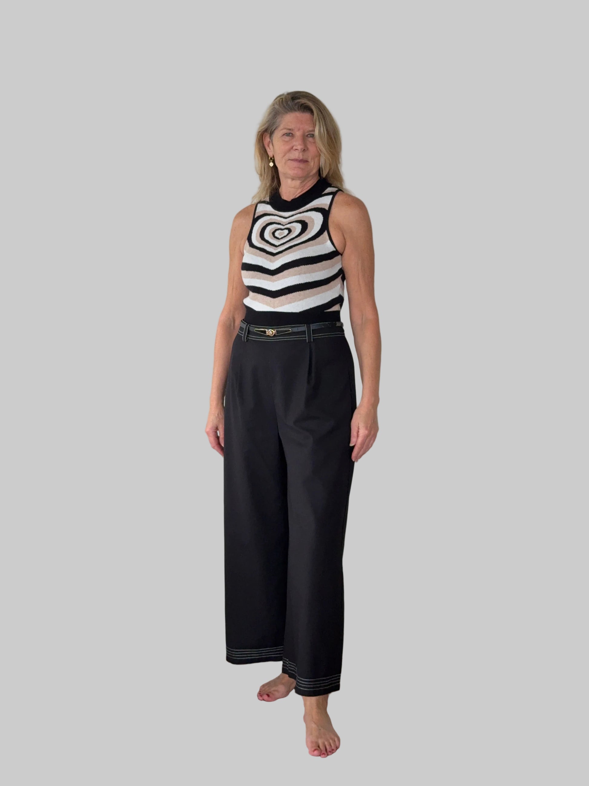 Black wide leg pants with contrast white stitching women Australia - front view - with belt and geometric knit tank - Vida size 14 - Cheeky Goddess