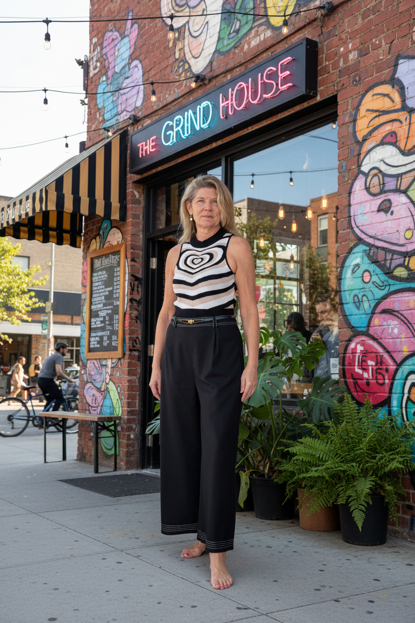A woman stands barefoot on a city sidewalk in front of a colorful mural-covered brick building labeled 'THE GRIND HOUSE,' wearing a black-and-white striped sleeveless top and black wide-leg pants.