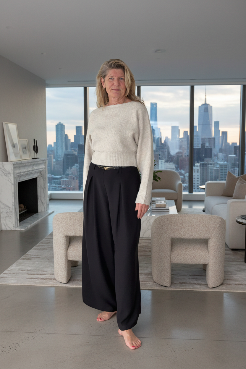 A woman stands barefoot in a modern living room with a city skyline view, wearing a cream knit sweater and black wide-leg pants.