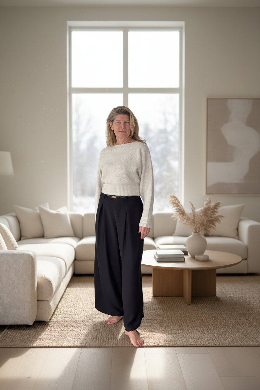 Woman standing in a modern living room with large windows