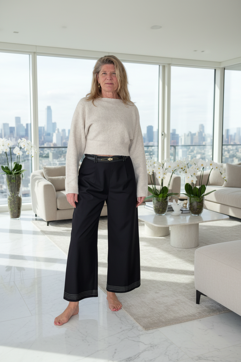 A woman stands barefoot in a modern, sunlit living room wearing a light beige knit sweater and black wide-leg trousers with dark piping at the hems. Large windows behind her show a city skyline, and the room contains beige seating, coffee tables, and potted orchids.