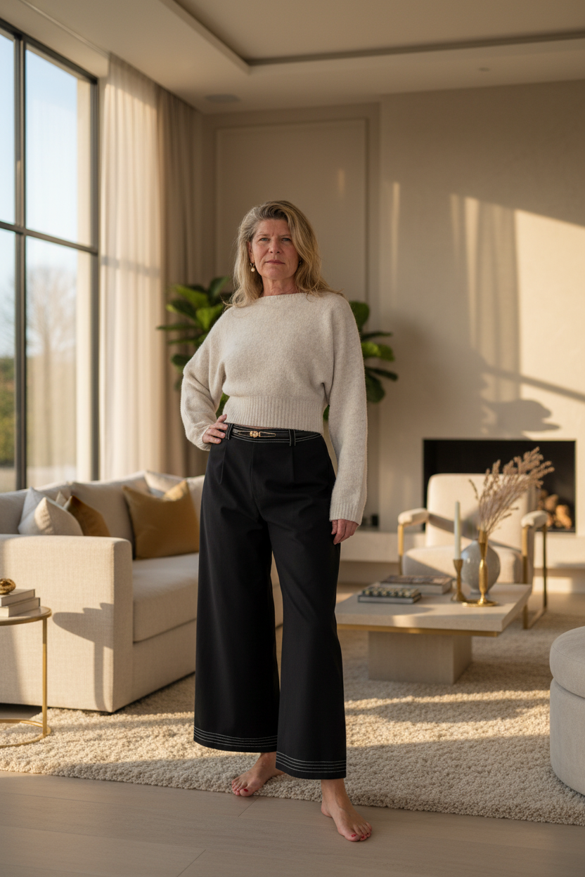 Woman standing in a modern living room with large windows and neutral decor.