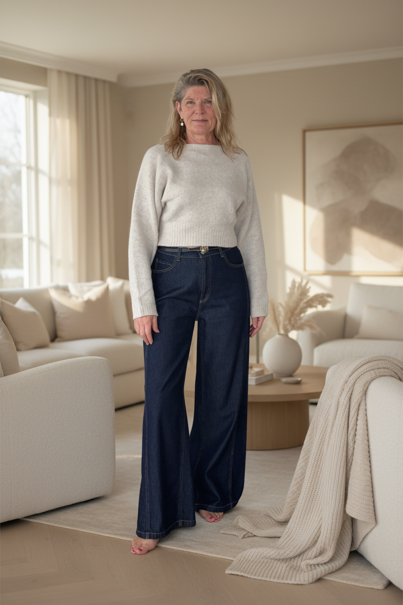 Woman standing in a living room wearing a light sweater and dark pants.