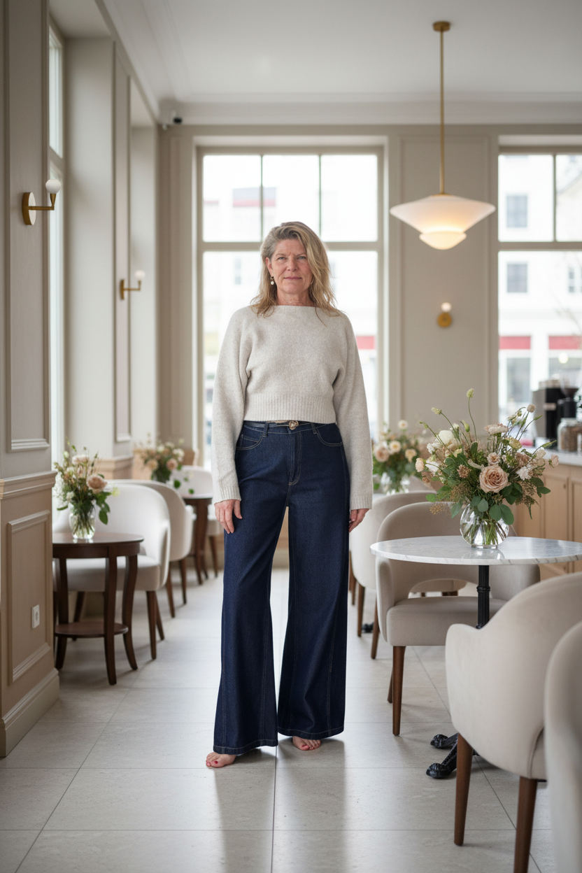 A woman stands barefoot in a bright, modern cafe or home interior, wearing a cream knit mock-neck sweater and dark blue wide-leg jeans.