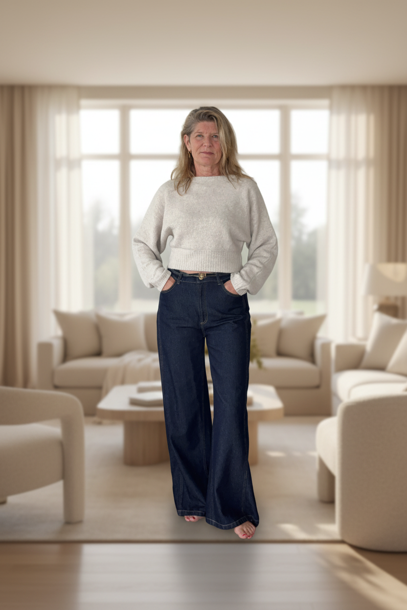 Woman standing in a modern living room with large windows