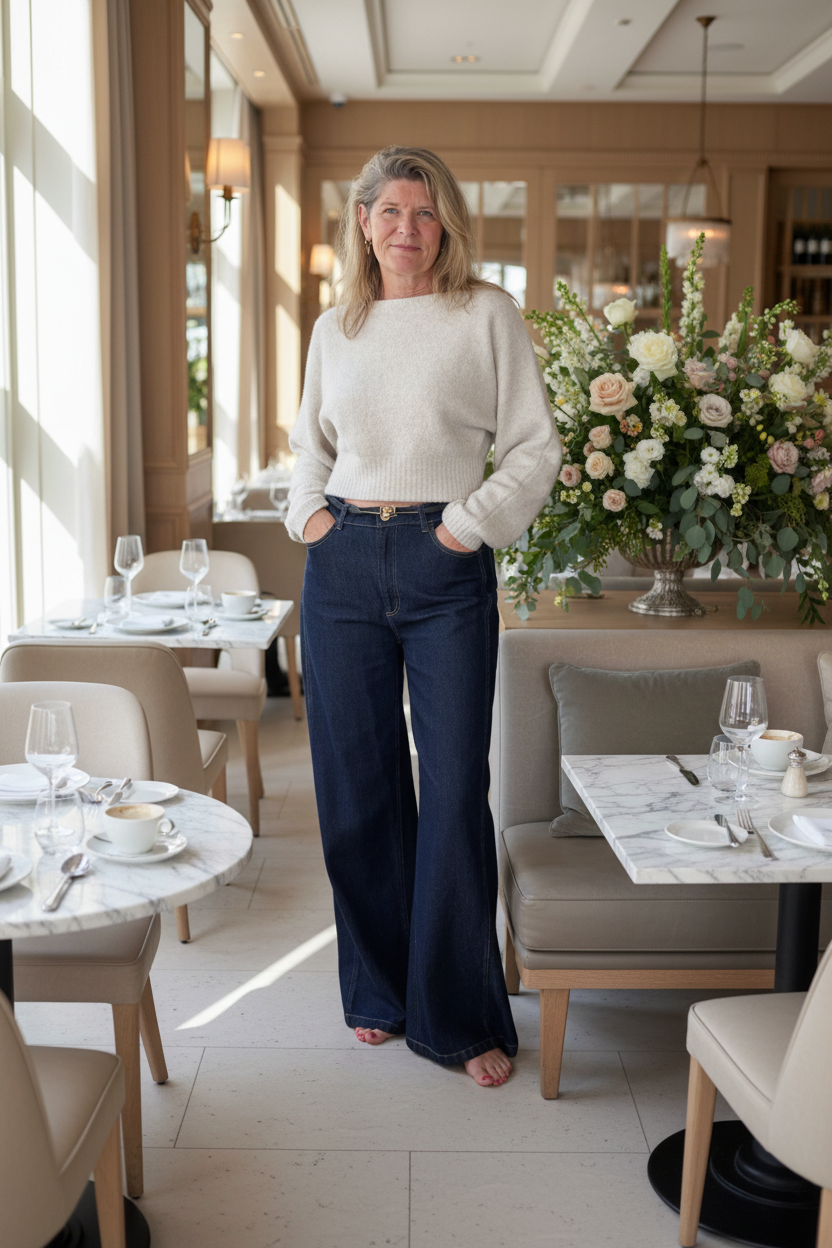 A woman stands in a bright, modern restaurant wearing a cream knit sweater and dark navy wide-leg jeans, with tables, chairs, and floral arrangements in the background.