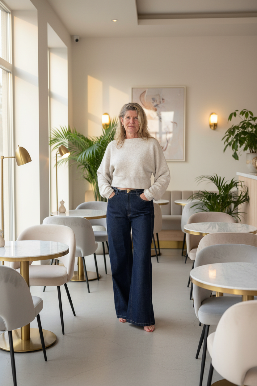 A woman stands in a bright, modern cafe wearing a cream-colored long-sleeve knit sweater and dark navy wide-leg trousers. The cafe features light gray upholstered chairs, marble-top tables with gold accents, and potted green plants. Cheeky Goddess.