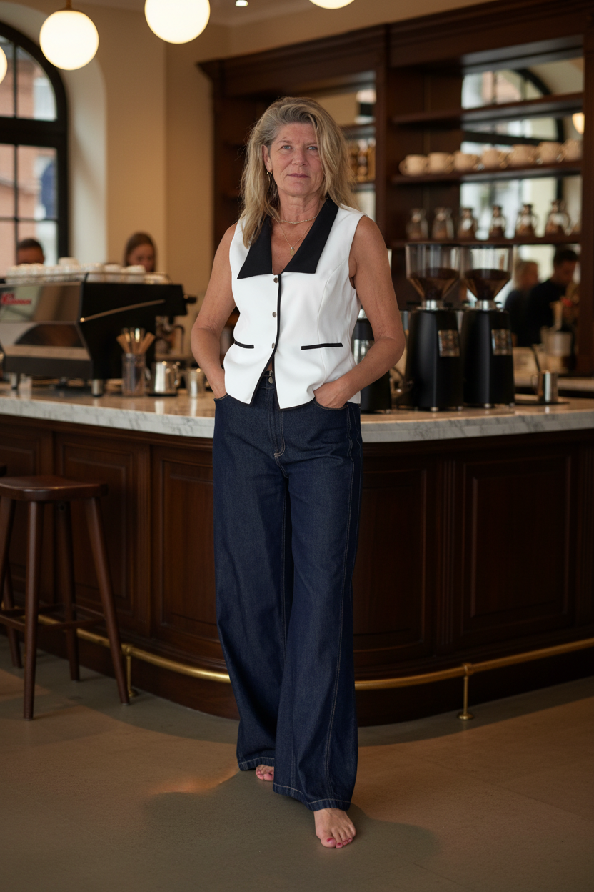 A woman stands barefoot in a cafe setting, wearing a sleeveless white vest with black trim and dark wide-leg pants.
