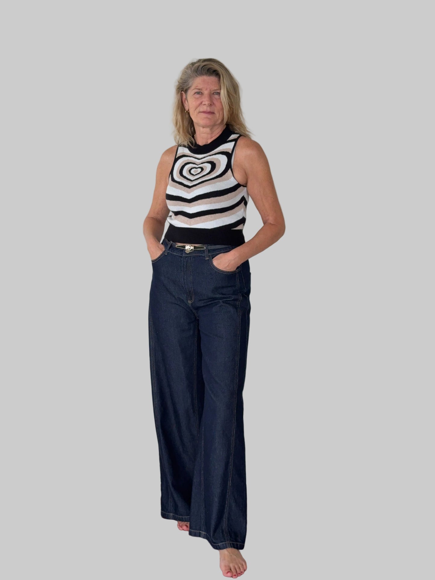 Heart print knit top styled with wide leg denim - women's fashion Australia - Cheeky Goddess