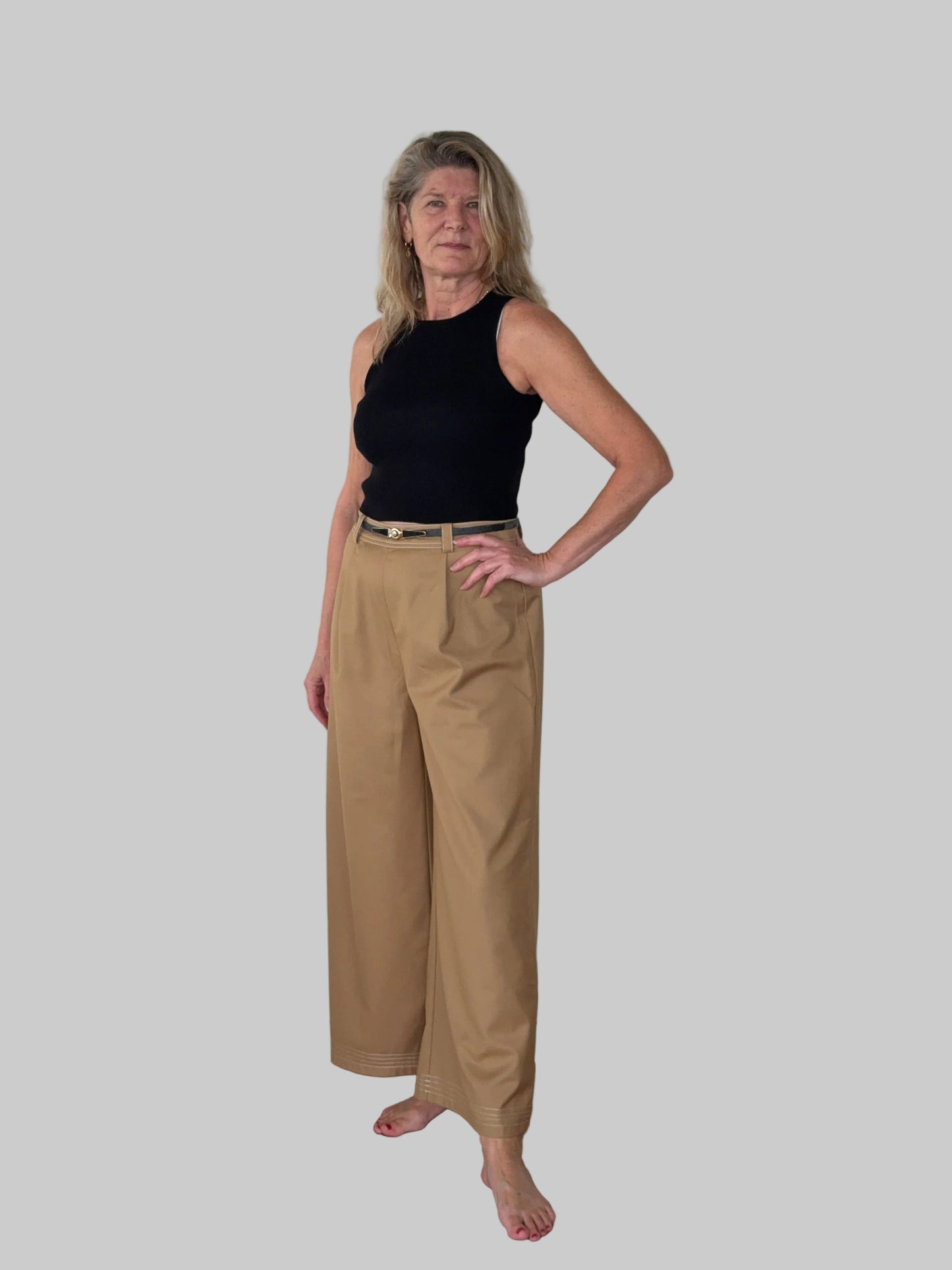Mocha brown wide leg contrast stitch pants women Australia - front  view - with belt and black knit tank top - Vida size 14 - Cheeky Goddess