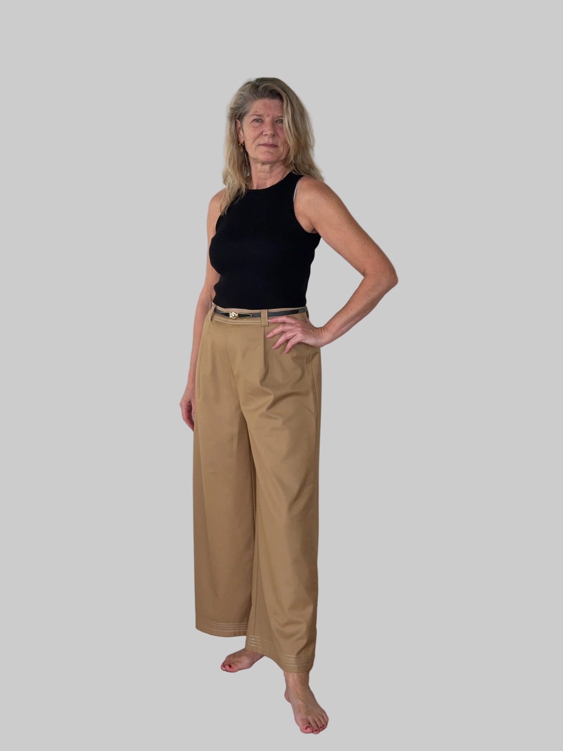 Mocha brown wide leg contrast stitch pants women Australia - front  view - with belt and black knit tank top - Vida size 14 - Cheeky Goddess