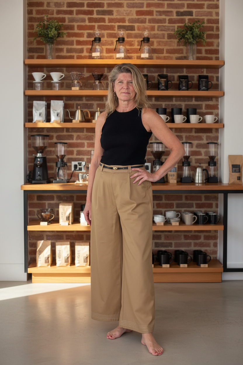 A woman stands barefoot in front of a brick wall with wooden shelves displaying coffee equipment and cups, wearing a black sleeveless top and tan wide-leg pants.