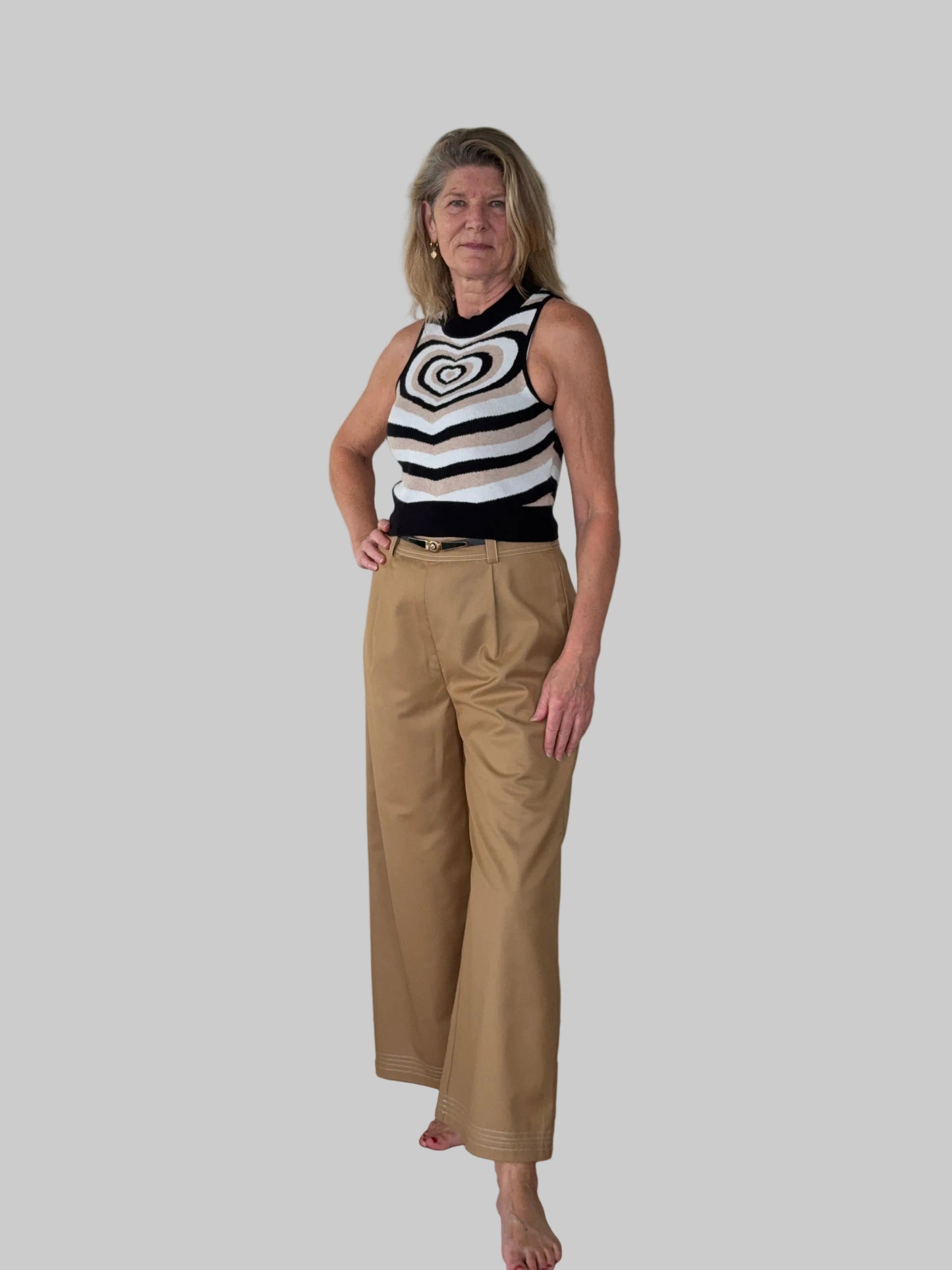 Mocha brown wide leg contrast stitch pants women Australia - front  view - with belt and geometric knit tank top - Vida size 14 - Cheeky Goddess