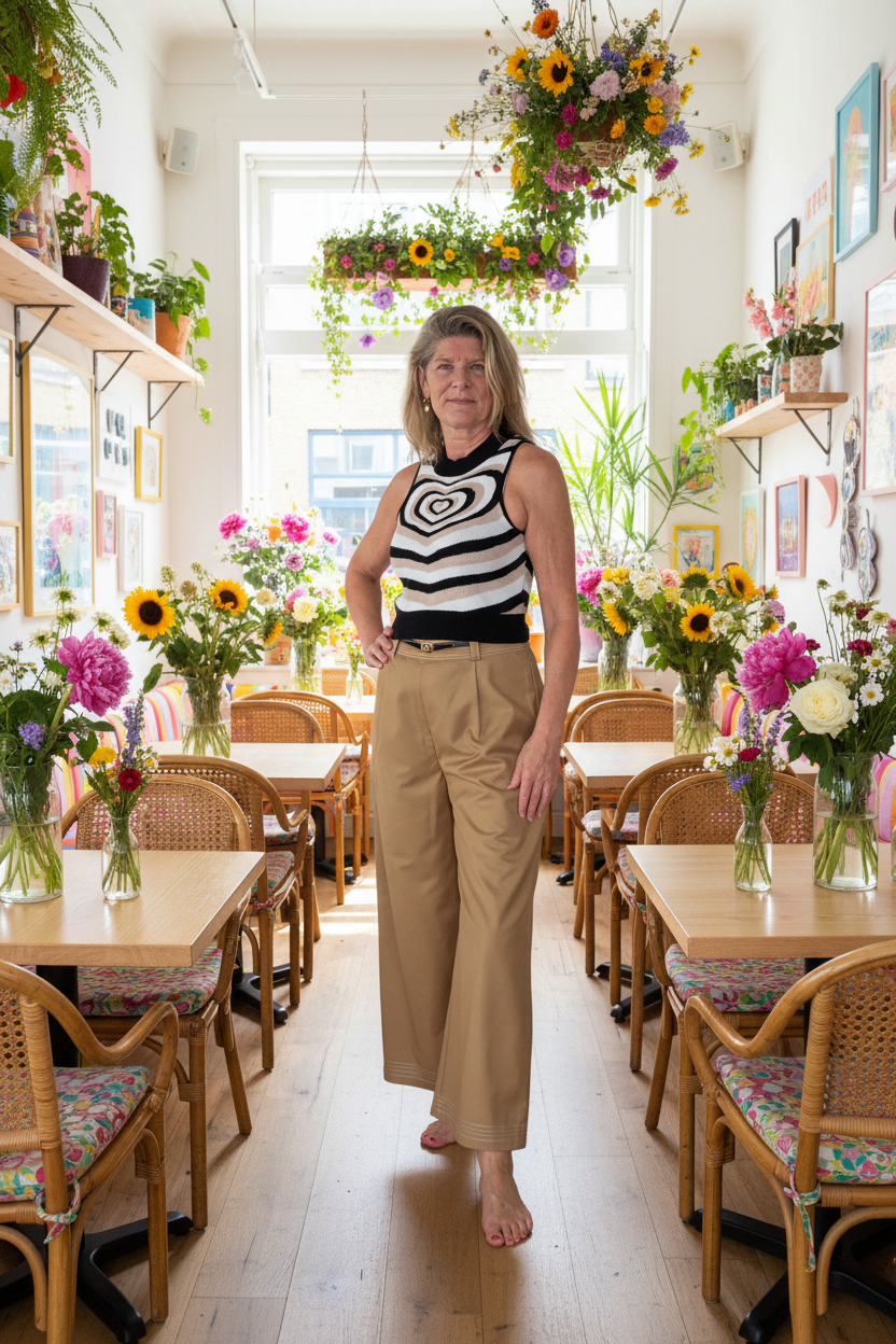 A woman stands in the center of a bright, flower-filled cafe or shop, wearing a black and white spiral-patterned sleeveless top and beige wide-leg trousers. The space features wooden tables, woven chairs, and numerous sunflowers and other flowers hanging and on display.