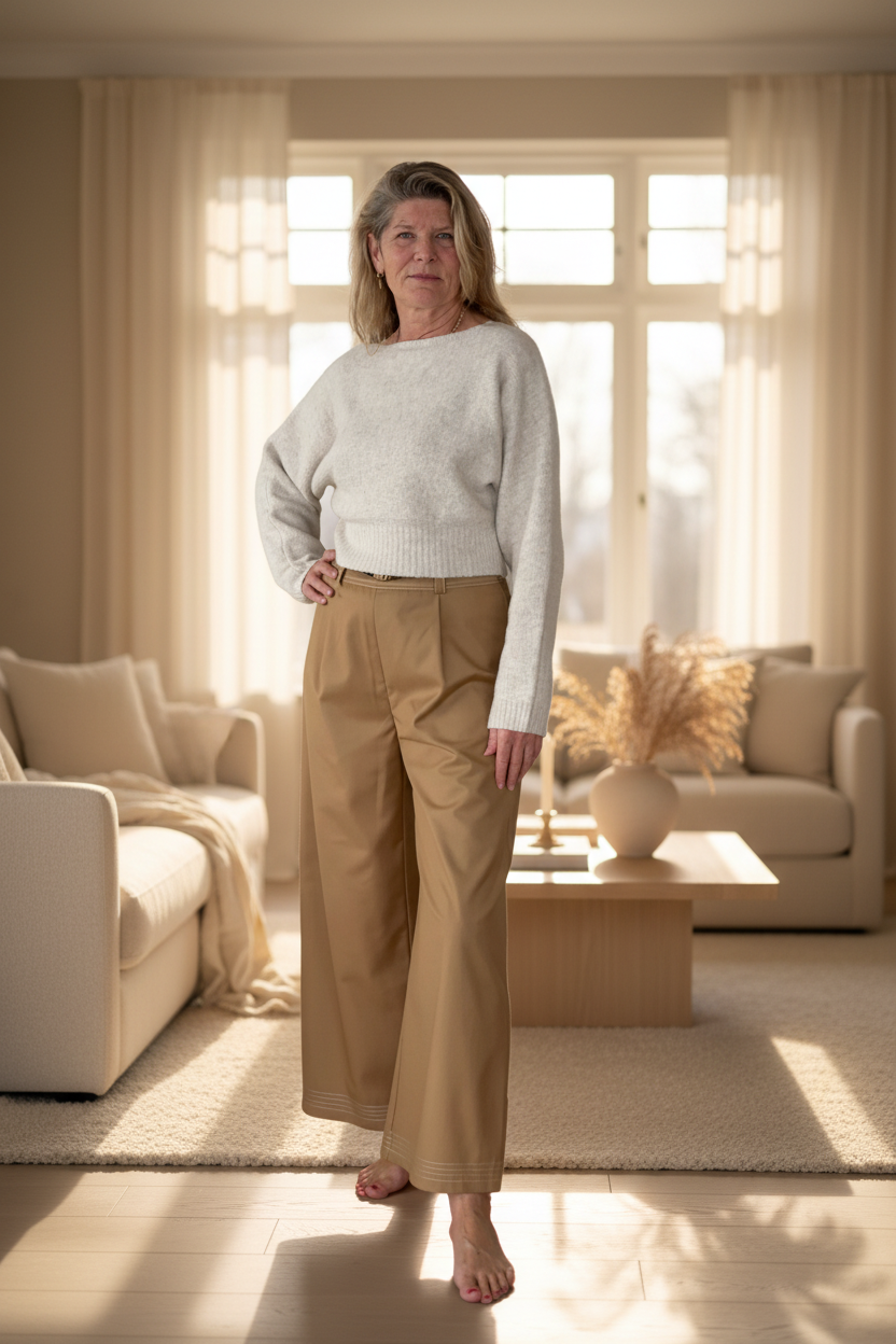 Woman standing in a bright living room with large windows.