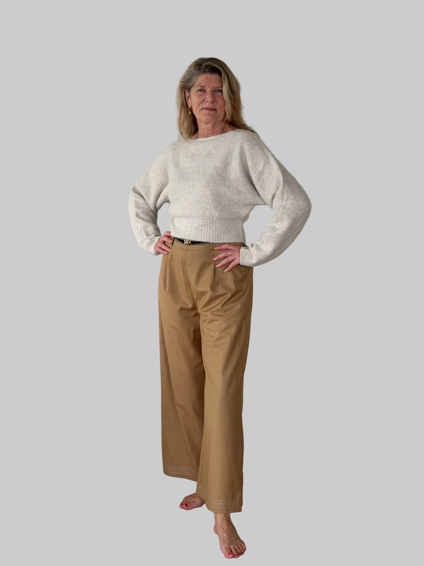 Mocha brown wide leg contrast stitch pants women Australia - front  view - with belt and oatmeal long sleeved knit top - Vida size 14 - Cheeky Goddess