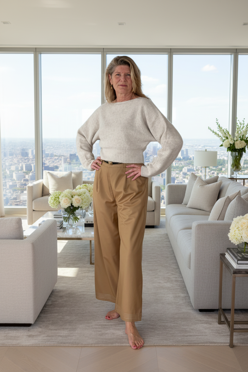 A woman stands in a modern living room wearing a cream knit sweater and tan wide-leg pants, with large windows showing a city skyline behind her.
