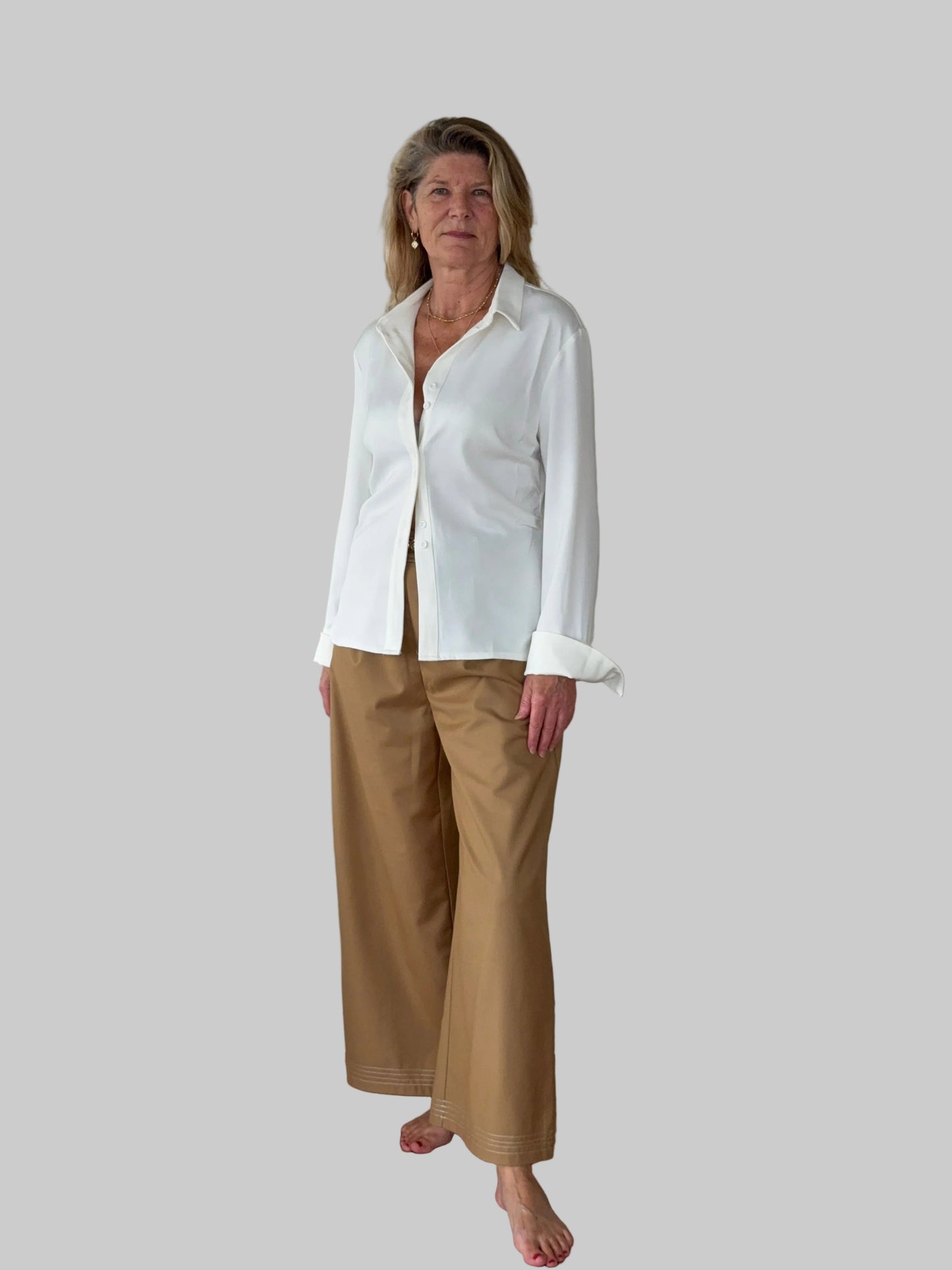 Mocha brown wide leg contrast stitch pants women Australia - front  view - with white layered long sleeved shirt - Vida size 14 - Cheeky Goddess