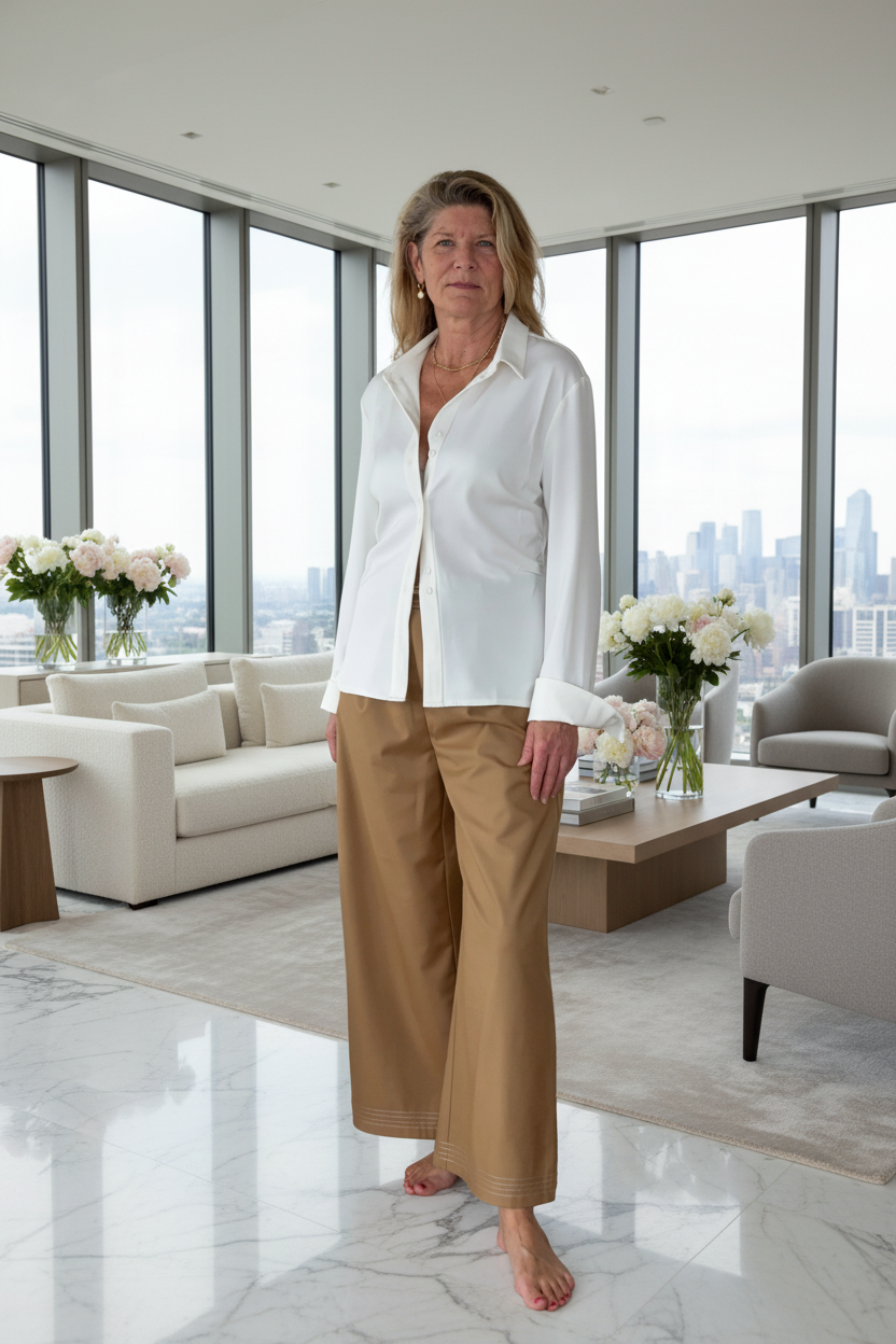 A woman stands barefoot in a modern, sunlit living room wearing a white long-sleeve button-up shirt and tan wide-leg pants. Large windows behind her show a city skyline, with white sofas and floral arrangements in the room.