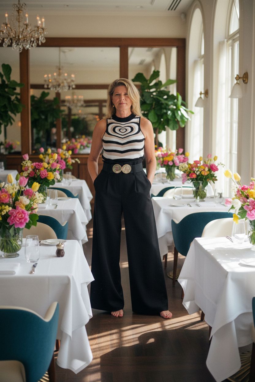 Geometric heart print sleeveless net top and black paper bag waste wide leg pants on a woman standing in a restaurant barefoot with lots of pretty flowers on the tables Woman has wide belt on with gold accents. Cheeky Goddess.
