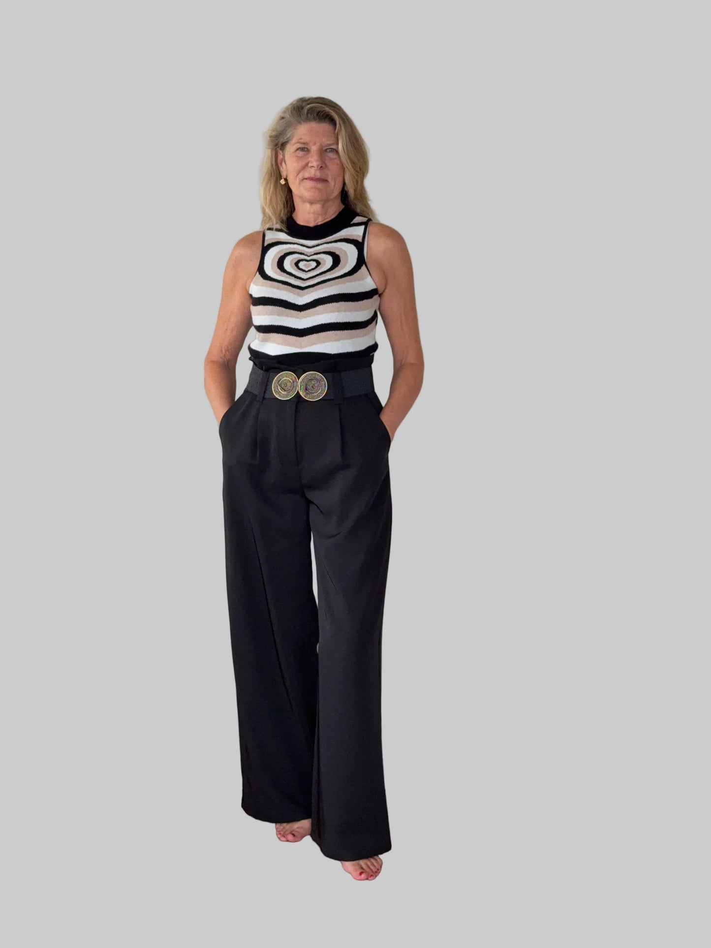 Black wide leg paper bag pants,  Wide belt, geometric tank top. women Australia - Vida size 14 - Cheeky Goddess