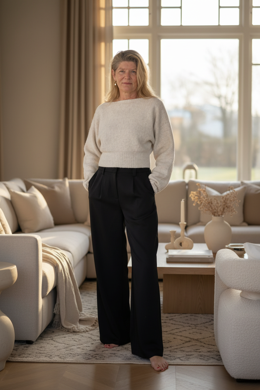 Woman standing in a living room with beige walls and large windows.