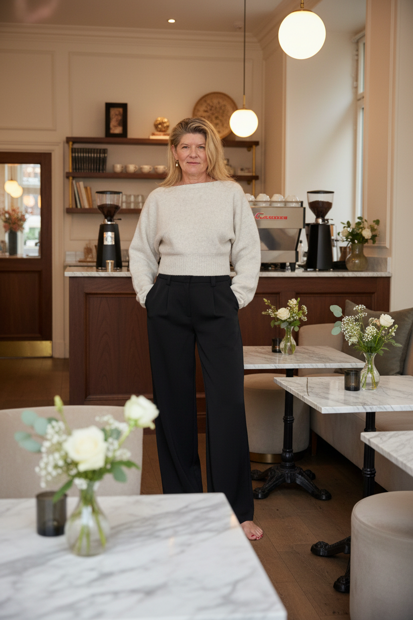 A woman stands barefoot in a cafe setting, wearing a cream knit sweater and black wide-leg trousers. The background features a coffee station with espresso machines and marble tables with flower arrangements.
