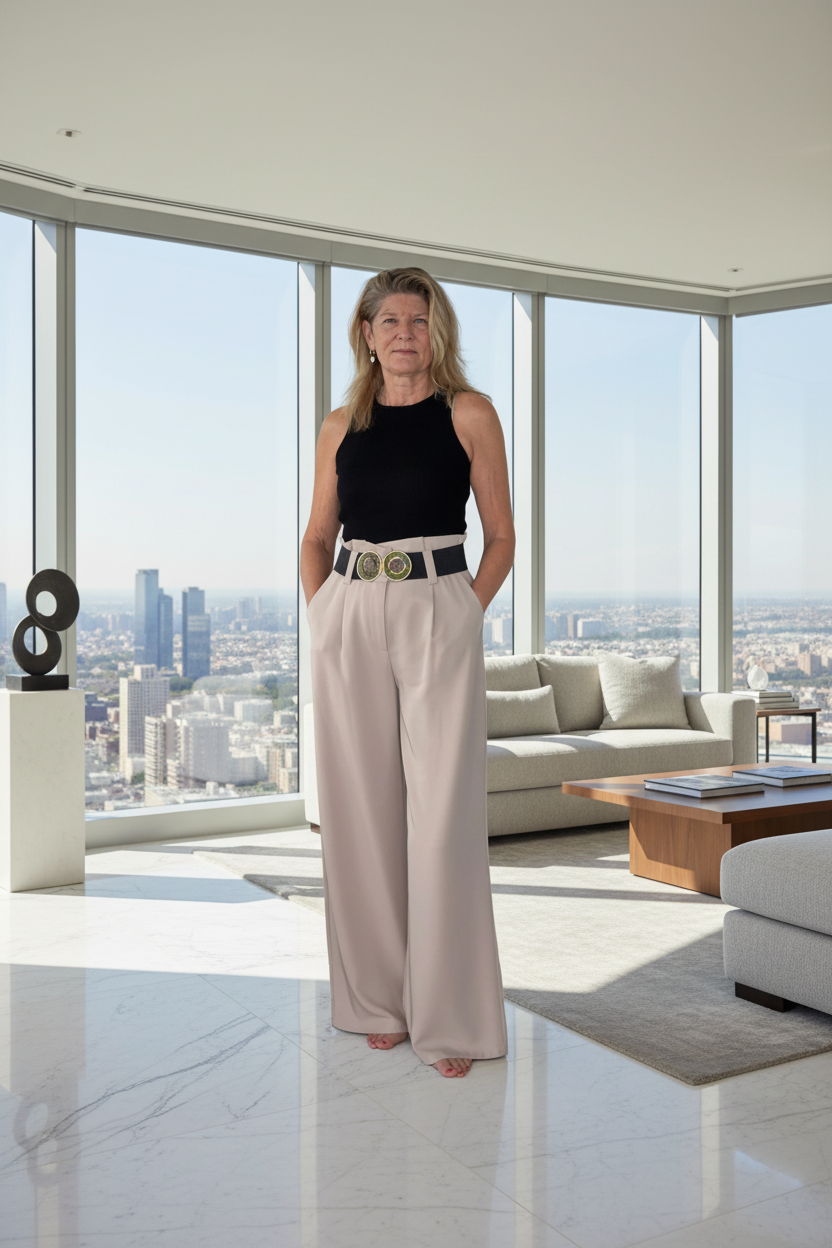 A woman stands in a modern, sunlit living room with floor-to-ceiling windows overlooking a city skyline. She is wearing a black sleeveless top, wide-leg beige trousers, and a black belt with a large gold-toned oval buckle.