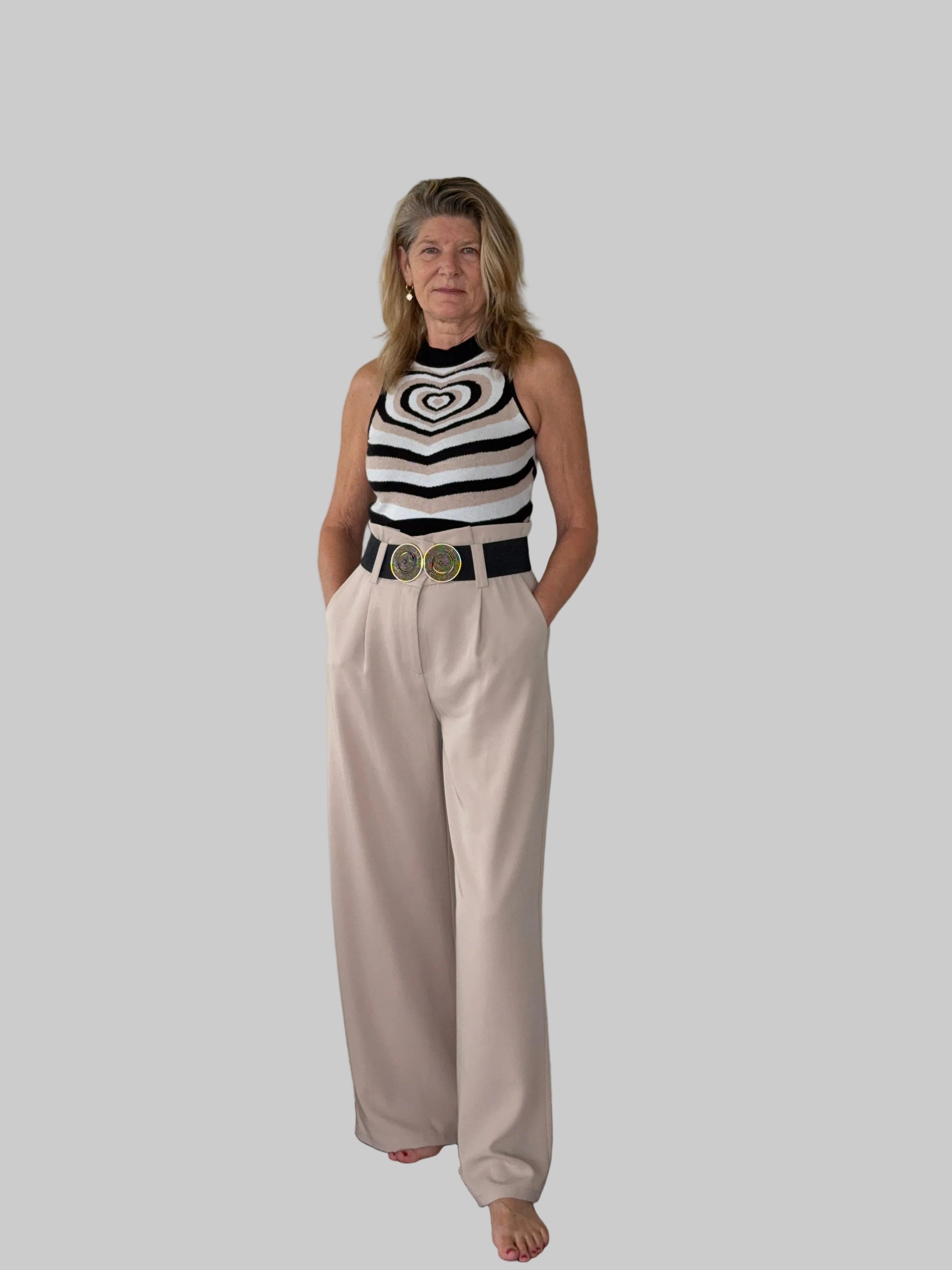 Beige paper bag waist pants women - front view - flattering wide leg - with wide belt and geometric tank top - Cheeky Goddess Australia