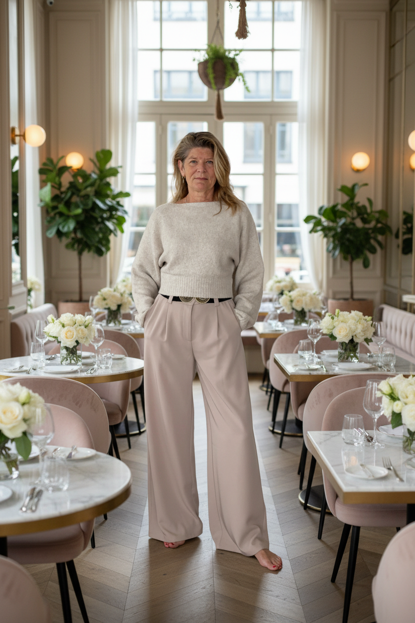 A woman stands barefoot in a bright, elegant restaurant with pink chairs, white roses, and large windows. She is wearing a light beige knit sweater and matching wide-leg trousers with a thin black belt.
