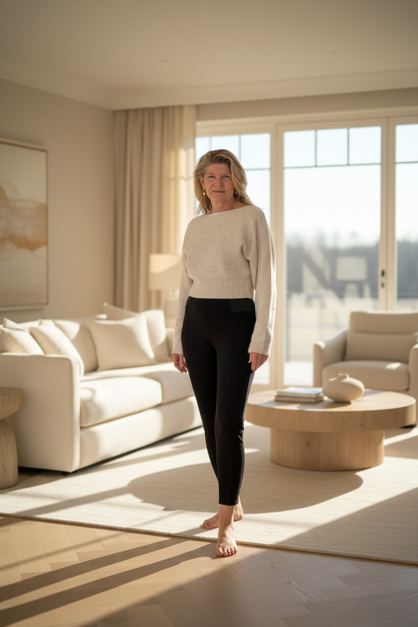 Woman standing in a bright living room with large windows