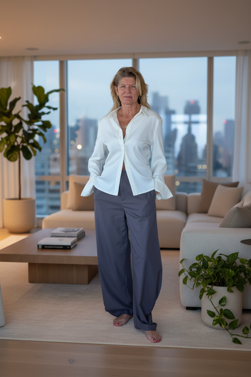A woman stands barefoot in a modern living room, wearing a white button-down shirt and loose gray pants, with large windows showing a city skyline behind her.