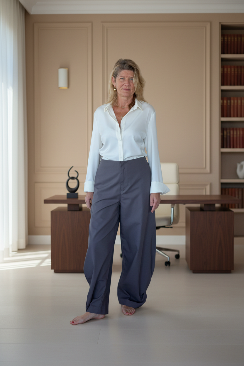 A woman stands barefoot in a minimalist office setting, wearing a white long-sleeve button-down shirt tucked into high-waisted, wide-leg navy trousers.