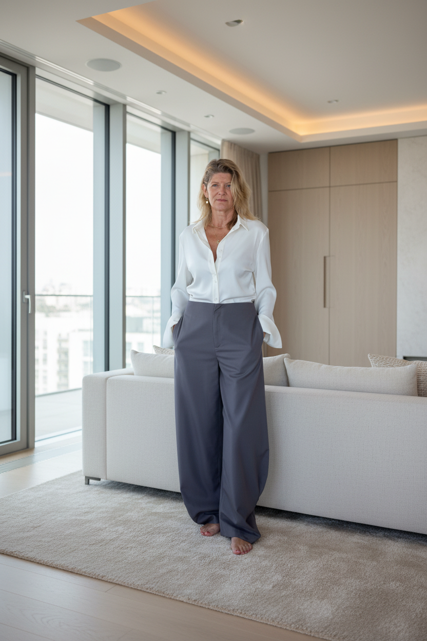 A woman stands in a modern living room wearing a white button-down shirt and loose dark gray wide-leg trousers, positioned in front of a white sofa and large windows.