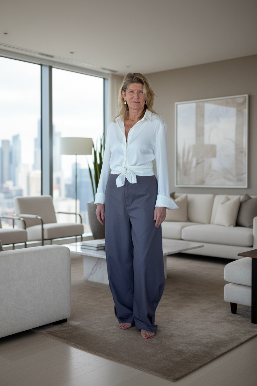 A woman stands in a modern living room wearing a white long-sleeve button-down shirt tied at the waist and loose dark blue wide-leg trousers.